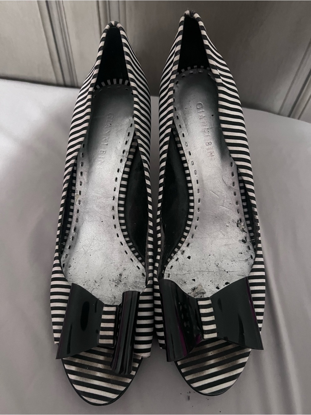 Gianni Bini Black and White Striped Peep-Toe Heels with Bow